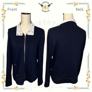 LAUREN by RALPH LAUREN Navy Sweater Full Zip Large Collar Cotton Size XL